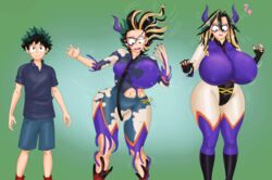 1girls age_progression ass_expansion breast_expansion breasts costume female female_deku genderswap genderswap_(mtf) heroine horns izuku_midoriya looking_at_self midnight_(my_hero_academia) mount_lady multicolored_hair my_hero_academia nemuri_kayama nipple_bulge rule_63 saturnxart sequence shounen_jump yuu_takeyama