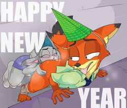 2021 anal anilingus anthro anus blush clothed clothing crouching disney duo english_text female female_rimming_male hat headgear headwear hi_res high-angle_view holidays judy_hopps licking looking_at_another looking_back looking_pleasured male male_anilingus necktie new_year nick_wilde oral party_hat rimming sex standing straight text tinydevilhorns tongue tongue_out zootopia