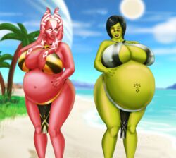 2girls alien_girl bbw beach beachside black_hair bodypaint green_skin huge_belly huge_breasts mirialan pregnant ready_to_pop saturnxart star_wars togruta white_tattoo