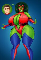 1girls bimbo bimbofied breasts_bigger_than_head female gender_transformation green-skinned_female green_hair green_skin hulk_(series) hulked_out human hyper_ass hyper_breasts marvel peter_parker post_transformation revealing_clothes rule_63 saturnxart she-hulk she_hulkress simple_background spider-man spider-man_(series) straight_hair thought_bubble transformation