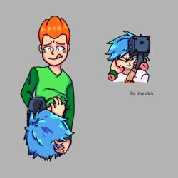 2boys 3dogsinacoat black_pupils blue_hair boyfriend_(friday_night_funkin) bully bullying camera dubious_consent erection filming friday_night_funkin gay grey_background gun gun_to_head licking_own_lips male male_only mouth_hold newgrounds one_eye_closed orange_hair pico's_school pico_(newgrounds) shirt_lift small_penis thumb_in_mouth tongue_out yaoi