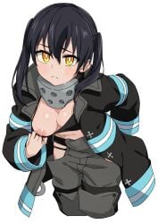 1girls adult_swim anime_style baggy_pants bikini black_bikini black_coat black_hair breasts cleavage coat en'en_no_shouboutai enen_no_shouboutai female female_only fire_force firefighter_jacket grey_pants highres hip_vent jacket kotatsu_tamaki morisobo nipples one_breast_out open_clothes open_coat pants pout simple_background solo swimsuit toonami white_background