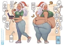 bbw before_and_after christmas elf elf-san_wa_yaserarenai huge_belly kuroeda obese obese_female open_mouth outgrowing_clothes speech_bubble sweat tan_body text weight weight_gain