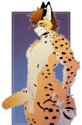 absurd_res anthro astor_the_peacock balls big_penis black_ears black_spots bodily_fluids brown_hair claws cum felid feline fur genital_fluids genitals green_eyes hair hi_res leaking_cum lucky(serval) male mammal muscular muscular_male pecs penis pink_nose serval solo spots tan_body tan_fur white_balls