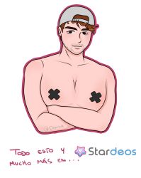 ... 1boy artist_name brown_eyes brown_hair covered_nipples dalasreview european hat light-skinned_male light_skin male male_only meme motoanexo real_person simple_background spanish_text stardeos text watermark white_background youtube youtube_hispanic