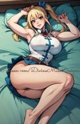 ai_generated arms_above_head bare_legs blonde_hair blue_hairband blue_skirt divine_muse_designs fairy_tail from_below huge_breasts laying_on_side lucy_heartfilia panties patreon ponytail safe_for_work smile stable_diffusion upskirt watermark white_shirt yellow_hair