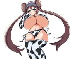 1girls alternate_breast_size big_breasts blue_eyes blush brown_hair cap cow_bikini cow_print detritus double_bun duvet208 eye_contact female game_freak gloves hat huge_breasts large_breasts looking_at_viewer looking_back nintendo pokemon pokemon_bw2 rosa_(pokemon) solo solo_female thick_thighs thighhighs thighs twintails voluptuous white_background