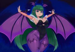 1girls absurd_res bat_print capcom darkstalkers female female_only gauntlets green_eyes green_hair head_wings heart_cutout leotard long_hair looking_at_viewer morrigan_aensland nebssik pantyhose purple_pantyhose smiling smiling_at_viewer solo succubus succubus_wings thick_thighs wide_hips wings