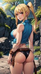 ai_generated bare_legs blue_hairband brown_eyes crop_top divine_muse_designs fairy_tail from_behind looking_at_viewer looking_back lucy_heartfilia outside panties patreon safe_for_work sideboob smile stable_diffusion watermark yellow_hair