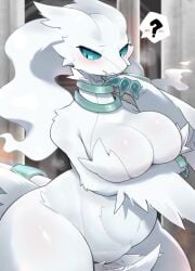4_claws absurd_res anthro big_breasts blue_eyes blush breasts cheek_tuft chest_tuft clawed_fingers claws cleavage clothed clothing crotch_tuft dragon facial_tuft female female_dragon female_pokemon fur generation_5_pokemon hi_res holding_breast kyameta legendary_pokemon navel nintendo pokemon pokemon_(species) question_mark reshiram slightly_chubby solo tail thick_thighs tuft white_body white_fur wide_hips