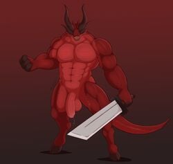 2020 abs anthro balls big_balls big_penis bodily_fluids colored demon eyeless genital_fluids genitals gradient_background hi_res horn humanoid_genitalia humanoid_penis long_tail looking_at_viewer male melee_weapon monster multicolored_body muscular muscular_anthro muscular_male nude open_mouth penis precum red_body shaded signature simple_background solo standing sword teeth tongue weapon wolfarion