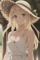 1girls ai_generated bare_shoulders blonde_hair brown_eyes cleavage cute female looking_at_viewer no_underwear sideboob small_breasts stable_diffusion straw_hat sundress white_clothing white_dress