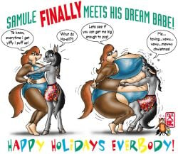 1990s 1999 1boy1girl anthro belly_expansion boxers bra breast_expansion christmas colored female fuusenroba horse hug inflation inflation_fetish male panties soft_belly tagme