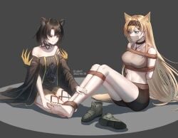 2girls 
 animal_ears arknights arms_behind_back artist_request bangs bare_legs bare_shoulders barefoot bdsm biorecv black_choker black_footwear black_hair black_hairband black_shorts blonde_hair blue_eyes blush bondage bound bound_legs breasts cat_ears cat_tail chenjiyan_y chinese_commentary choker commentary_request commission crop_top dress feet foot_focus gag gagged grey_background grey_shirt hair_ornament hairband hairclip highres horn_(arknights) improvised_gag jewelry large_breasts long_hair looking_at_another mandragora_(arknights) midriff multiple_girls navel necklace off-shoulder_dress off_shoulder second-party_source seiza shirt shoes shoes_removed short_hair short_shorts shorts simple_background sitting sleeveless sleeveless_shirt smile stomach tape tape_gag thighs v-shaped_eyebrows wolf_ears yellow_eyes