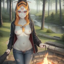 1girls ai_generated big_breasts black_sports_bra breasts clothing female female_only happy long_hair midna ruptuorie shorts solo the_legend_of_zelda twili_midna