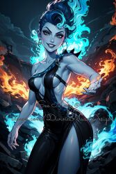 ai_generated blue_eyes cleavage disney divine_muse_designs fire flaming_hair greek_clothes hades_(hercules) hadesa hercules_(disney) patreon rule_63 side_boob smile watermark