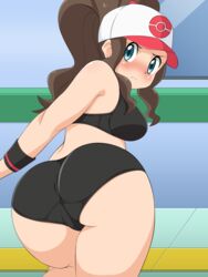 1girls ass big_ass blue_eyes blush bra breasts brown_hair curvy_figure eye_contact female hat hilda_(pokemon) long_hair looking_at_viewer nintendo panties pokemon pokemon_bw solo thick_ass thick_thighs thighs umejiru underwear