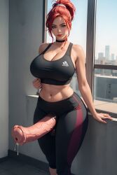 1futa 1futanari ai_generated big_breasts big_cock big_penis black_sports_bra black_yoga_pants blue_eyes breasts choker cleavage cock cum equine_penis fit fit_futanari futa_only futanari hi_res high_ponytail highres horse_penis horsecock horsecock_futanari hourglass_figure huge_boobs huge_breasts huge_cock human_with_animal_genitalia human_with_horsecock indoors large_boobs large_breasts large_cock large_penis light-skinned_futanari light_skin looking_at_viewer muscles navel penis ponytail precum red_hair sidelocks solo solo_futa sports_bra standing thick_thighs thighs valox veins veiny_penis yoga_pants