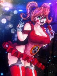 baby_(fnafsl) big_ass big_breasts bluewolfartista circus_baby circus_baby_(fnaf) clown clown_girl five_nights_at_freddy's five_nights_at_freddy's:_sister_location garter_straps green_eyes knee_boots microphone microskirt one-piece_swimsuit red_hair rosy_cheeks showing_ass solo twintails white_gloves