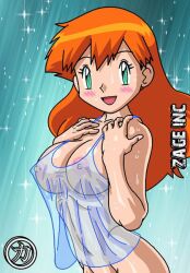 1girls areolae big_breasts blush breasts female female_only kageta kasumi_(pokemon) misty misty_(pokemon) mostly_nude nightgown nintendo nipples orange_hair pokemon pokemon_rgby sakaki_(artist) see-through see-through_clothing solo solo_female teal_eyes wet