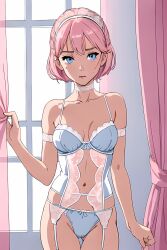 1girls ai_generated bare_shoulders belly_button blue_eyes bra choker cleavage collarbone cute female insecure lace lingerie lingerie_only looking_at_viewer panties pink_hair small_breasts stable_diffusion thigh_gap thighs