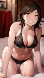 1girls ai_generated ai_mirror bed bedroom belly_button black_underwear blush brown_eyes brown_hair curtains hands_on_bed lamp leaning_forward looking_at_viewer medium_breasts navel on_knees shelf short_hair smile underwear white_skin