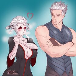 1boy 1girls crossover devil_may_cry eastern_and_western_character heart large_breasts male rwby salem_(rwby) smiling_samurai vergil