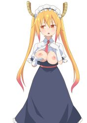 1girls big_breasts blonde_hair blush breasts breasts_out cleavage dragon_maid dress gloves gradient_background kobayashi-san_chi_no_maidragon large_breasts long_hair maid_uniform miss_kobayashi's_dragon_maid morisobo multicolored_hair necktie nipples open_mouth red_necktie simple_background solo tohru_(dragon_maid) twintails very_long_hair white_background white_gloves