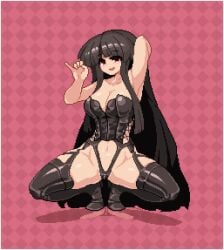 argyle argyle_background arm_up armpits black_footwear black_hair blunt_bangs blunt_ends bondage_outfit boots breasts cleavage corset fellatio_gesture female full_body hand_up houraisan_kaguya kaguya_houraisan large_breasts long_hair looking_at_viewer namako_(takorin) namako_daibakuhatsu navel pink_background pinky_out pixel_art red_eyes smile solo squatting takorin thick_thighs thigh_boots thighhighs thighs touhou very_long_hair