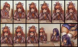 ! 2girls ahegao annoyed awkward_situation blue_skirt blush blushing brown_hair classroom comic desk doki_doki_literature_club embarrassed erect_nipples eyes_closed eyes_rolling_back face_fucking facefuck female female_only fringe ginger green_eyes hard_nipples hearts implied_masturbation long_hair masturbation monika_(doki_doki_literature_club) mouth_open multiple_girls nipples nipples_visible_through_clothing object_in_mouth oral orange_hair pen petite pleasure_face pleasured ponytail purple_eyes purple_hair ribbon school_uniform schoolgirl skirt sucking teenager thick thick_thighs thighhighs thighs vempire white_ribbon white_thighhighs yuri yuri_(doki_doki_literature_club)