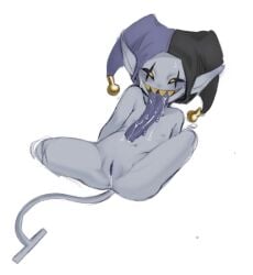 blue_skin cuntboy deltarune demon imp intersex jevil_(deltarune) long_tongue non-human pussy undertale undertale_(series) yellow_eyes