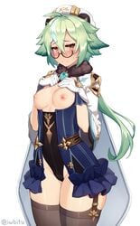 1girls areolae blush breasts clothed embarrassed exposed_breasts genshin_impact glasses gloves green_hair hands_on_chest hat headwear iwbitu legwear looking_away nipples small_breasts smile solo_female stockings sucrose_(genshin_impact) sweat thick_thighs thighhighs thighs yellow_eyes