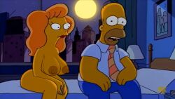 2024 20th_century_fox areolae bed big_breasts city_background edit edited edited_official_artwork female/male homer_simpson mindy_simmons nerota night nipples nude_female red_hair red_lipstick screenshot screenshot_edit the_simpsons thick_thighs yellow_skin