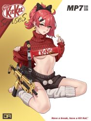 1girls ahoge alternate_costume breasts candy food girls'_frontline gun h&k_mp7 heckler_&_koch highres j_adsen kit_kat_(candy) kneeling lollipop machine_pistol medium_breasts mp7_(girls'_frontline) navel nestle personal_defense_weapon pom_pom_(clothes) ponytail red_hair ribbon shorts solo submachine_gun sweater toes turtleneck turtleneck_sweater underboob weapon white_leg_warmers yellow_eyes