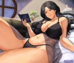 1girls alternate_version_available big_breasts black_eyes black_hair book breasts cleavage drasna_(pokemon) female female_only game_freak hair huge_breasts lace lace-trimmed_bra lace-trimmed_panties lace_trim lingerie long_hair mature mature_female mature_woman milf mother nightgown on_bed open_eyes pokemon pokemon_xy solo solo_female tempurachronos thighs