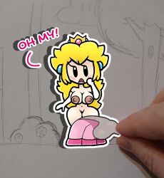 chabble embarrassed embarrassed_nude_female mario_(series) naked naked_female nipples nude nude_female paper_mario peeling princess_peach sticker stripped_naked taking_clothes_off white_outline yellow_hair