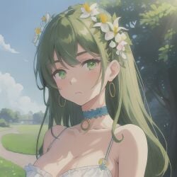 1girls ai_generated bare_shoulders choker cleavage cute earrings female flower flower_in_hair green_eyes green_hair looking_at_viewer stable_diffusion sundress