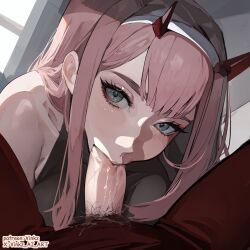 1boy 1boy1girl 1girls 1male ai_generated bangs blowjob blue_eyes darling_in_the_franxx eyebrows eyelashes fellatio female male oral penis pink_hair pubic_hair saliva sucking sucking_penis tagme vinkz zero_two_(darling_in_the_franxx)