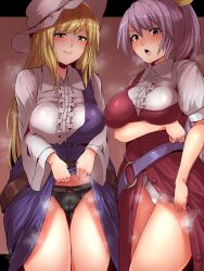 2girls belt black_panties blonde_hair blue_dress blush breasts brown_background closed_mouth dress highres large_breasts long_hair looking_at_viewer multiple_girls open_mouth panties pink_eyes ponytail purple_hair red_dress shirt siblings single_strap sisters smile starraisins touhou underwear watatsuki_no_toyohime watatsuki_no_yorihime white_headwear white_panties white_shirt yellow_eyes