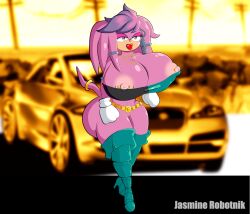 aged_up belt big_ass bimbo bimbo_lips bimbofication bimbofied crop_top echidna featureless_crotch high_heel_boots high_heels hyper_breasts jewelry julie-su large_breasts nipple_piercing nipple_slip no_panties no_pants pink_eyeshadow sonic_(series) tail_ring