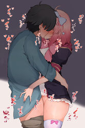 1boy 1girls black_coat black_hair blue_bow blue_shirt blush bottomless bow bowtie brown_pants chieru_(princess_connect!) coat cowboy_shot female from_side hair_ornament hairbow highres implied_sex kissing kissing_while_penetrated long_sleeves narusan_beam2 open_clothes open_coat pants pants_pull pink_bow pink_hair pink_neckwear princess_connect! princess_connect!_re:dive sex shirt short_hair short_sleeves sleeves_folded_up standing standing_sex star_(symbol) star_hair_ornament straight sweat teenage_girl teenager thighhighs two-tone_background vaginal_penetration white_legwear white_shirt