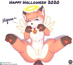 anthro bell blush canid canine english_text female fox genitals halloween halo hi_res holiday_message holidays lying mammal nia_(senz) paws pussy scarf senz solo text url wings