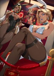 2boys 4girls adapted_costume animal_ears beckoning black_hair black_leotard blonde_hair blonde_streaks blue_eyeshadow blue_lips breasts cole_cassidy cowboy_hat crossed_legs crossover dark-skinned_female dark_skin detached_collar domina emma_frost eyeshadow fake_animal_ears felox08 hat highres huge_breasts kiriko_(overwatch) leotard loki_(marvel) magik_(illyana_rasputin) makeup marvel marvel_rivals multicolored_hair multiple_boys multiple_girls overwatch pantyhose playboy_bunny pole_dancing rabbit_ears rabbit_tail strapless strapless_leotard streaked_hair strip_club tail thor_(marvel)_(series) wrist_cuffs x-men