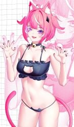 ahoge animal_ear_fluff animal_ears bell black_bra black_nails black_panties bra breasts camila_(vtuber) cat_cutout cat_ear_panties cat_ears cat_girl cat_lingerie cat_tail choker claw_pose cleavage cleavage_cutout clothing_cutout cowboy_shot cute_fang female frilled_bra frills jingle_bell looking_at_viewer medium_breasts meme_attire multicolored_hair nail_polish navel neck_bell oerba_yun_fang open_mouth painted_nails panties pink_hair purple_eyes short_hair skin_fang smile solo streaked_hair tail underwear underwear_only virtual_youtuber white_hair zoom_layer