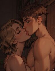 1boy ai_assisted blonde_hair_female brown_hair_male close-up comic cute desire female green_eyes nude nude_female nude_male passionate passionate_kiss wholesome wholesome_nudity