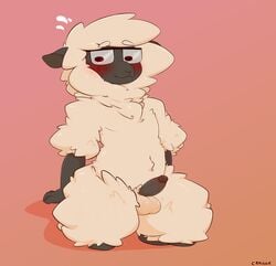 anthro blush bovid caprine cracker_(artist) cracker_(character) dark_body dark_skin embarrassed eyewear fur gay genitals glasses hi_res male mammal nude penis sheep solo wool_(fur)