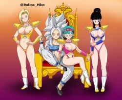 abs android_18 artist_request black_hair blonde_hair blue_eyes blue_hair blush boots bulma_briefs chichi cleavage cleavage_cutout commission dragon_ball dragon_ball_gt dragon_ball_super dragon_ball_xenoverse dragon_ball_z fur ginyu_force_battle_armor harem imminent_sex lunna mind_control nipple_slip oc original_character pale-skinned_female pale_skin saiyan saiyan_armor saiyan_girl saiyan_tail self_upload sex_slave shiny_skin sitting_on_lap sitting_on_person slave slavegirl submissive submissive_female suggestive_look super_saiyan_4 super_saiyan_5 teal_hair thong throne throne_room white_fur white_hair