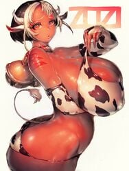 2021 ass bell big_breasts cleavage cow_girl cow_print curvy dark-skinned_female dark_skin fumio_(rsqkr) hand_under_breasts huge_ass huge_breasts looking_at_viewer new_year short_hair year_of_the_ox