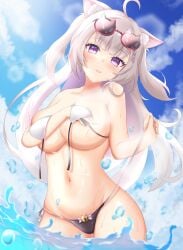 1girls ahoge animal_ears belly_button bikini blush cat_ears cat_glasses catgirl eyebrows_visible_through_hair female female_only grey_hair indie_virtual_youtuber light-skinned_female light_skin looking_at_viewer outside purple_eyes rinkarinn_52 solo sunglasses sunglasses_on_head swimsuit untied_bikini utano_neru virtual_youtuber