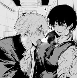 1boy 1girls against_wall aroused big_breasts breath chainsaw_man clothed denji_(chainsaw_man) drooling eye_contact happy hearts heavy_breathing kurenaiz1 licking licking_breast licking_nipples licking_through_clothes mitaka_asa monochrome pigtails ribbon school_uniform sharp_teeth sketch smiling smiling_at_partner sweating wavy_hair